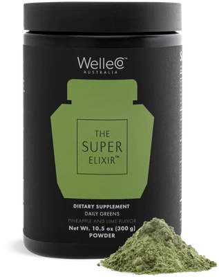 WelleCo The Super Elixir daily greens powder and jar